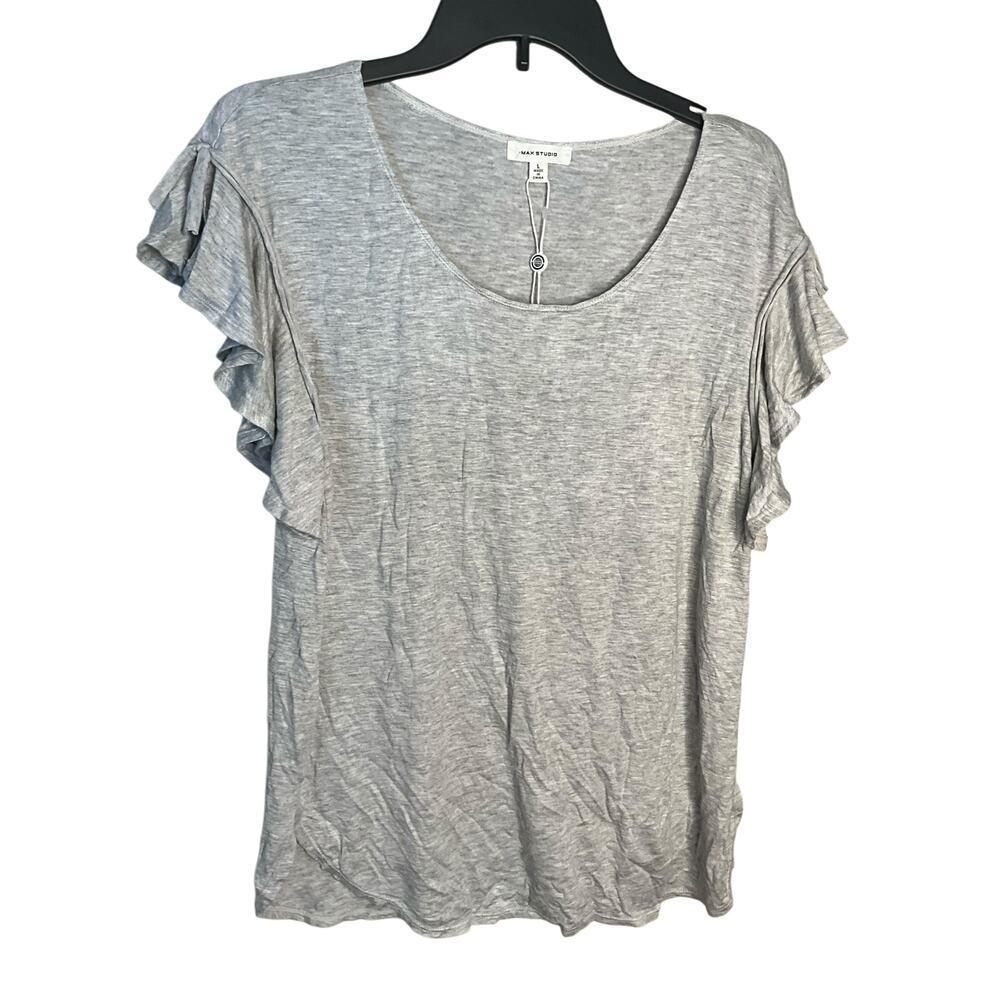 Max Studio Short Flutter Sleeve Blouse Round Neck Stretch Grey Womens Size L NEW